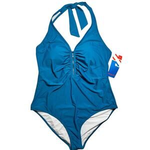 Sun & Sea Swimsuit One Piece Halter Blue Size 20 New With Tag Tie Neck Zipper